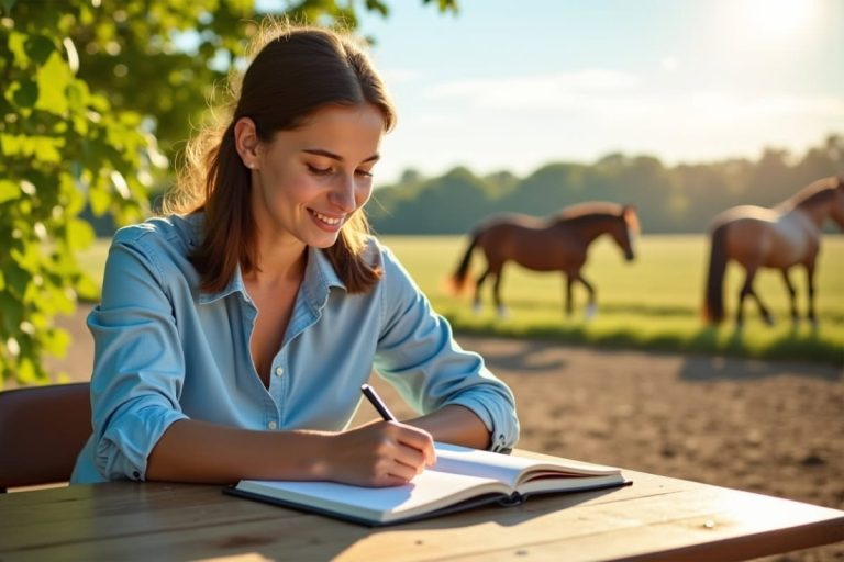Une femme écrivant dans un cahier à une table en terrasse, avec en arrière-plan deux chevaux paissant dans un pré baigné de soleil.